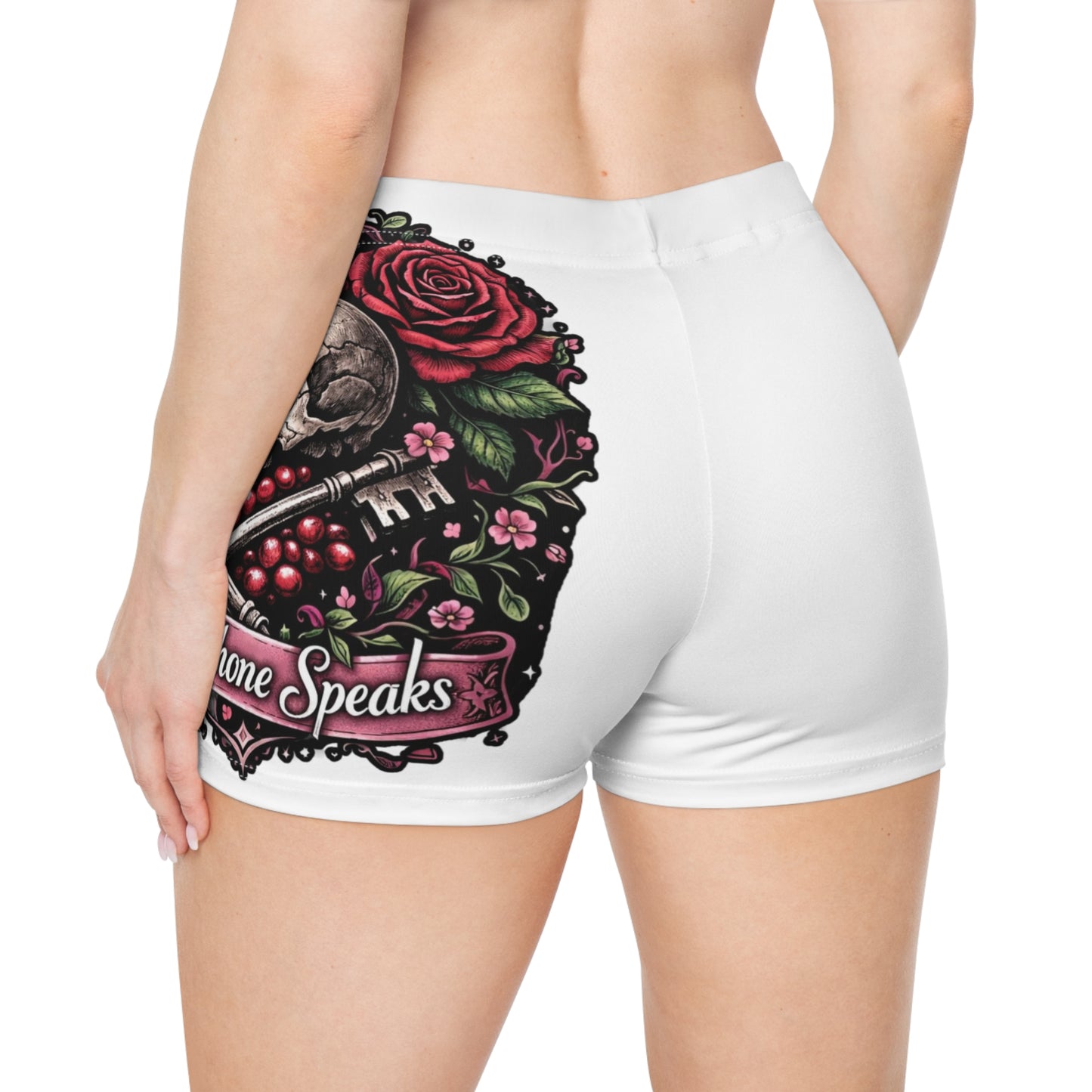 Persephone Skull & Pomegranate Women's Shorts — Gothic Floral Summer Activewear