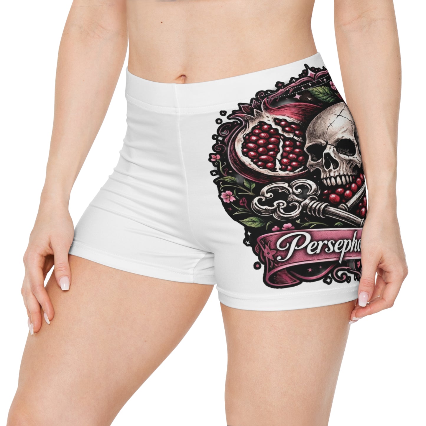 Persephone Skull & Pomegranate Women's Shorts — Gothic Floral Summer Activewear